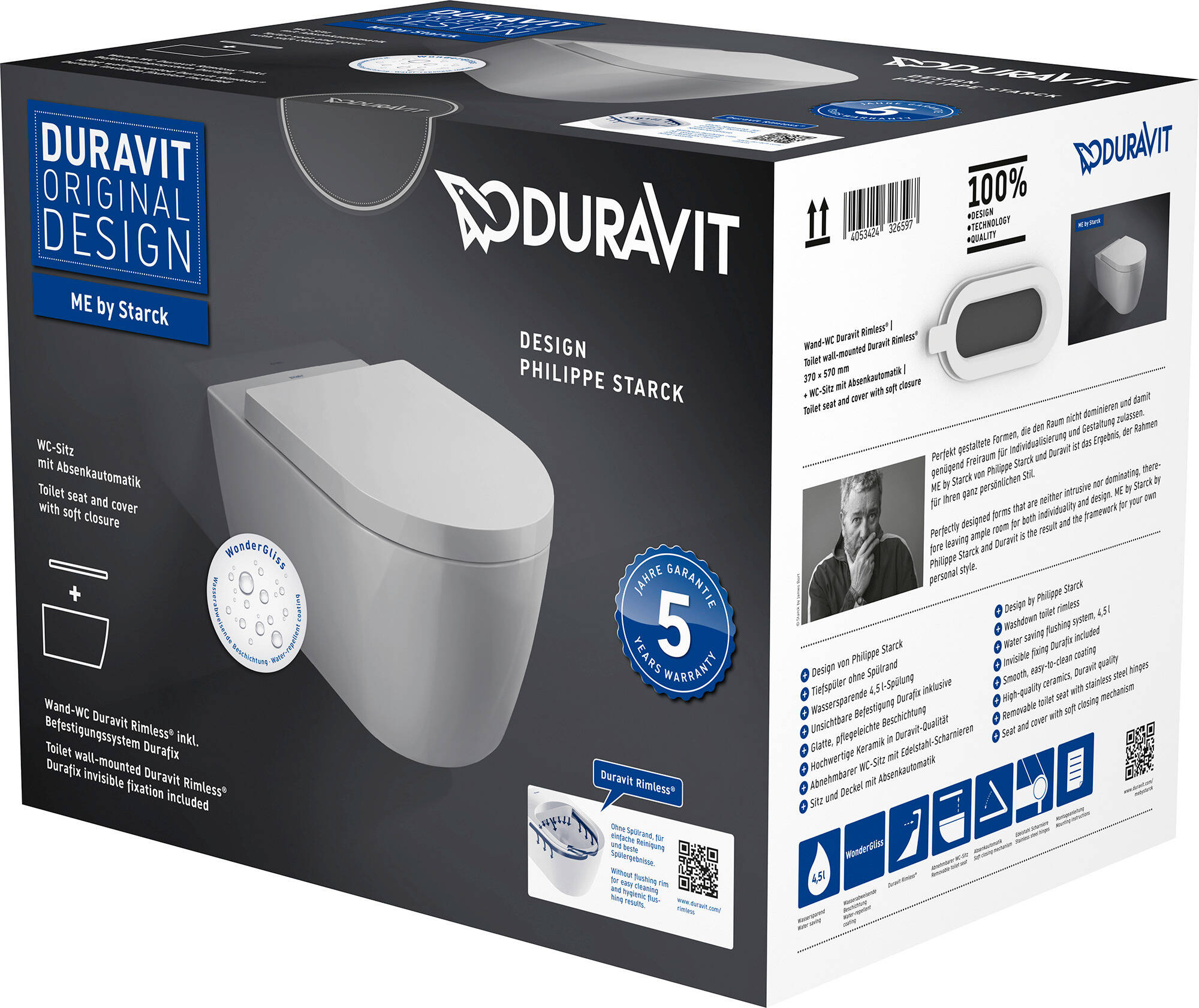 Duravit ME by Starck hangtoilet inclusief toiletbril Rimless Wondergliss 37x57x35 5cm wit